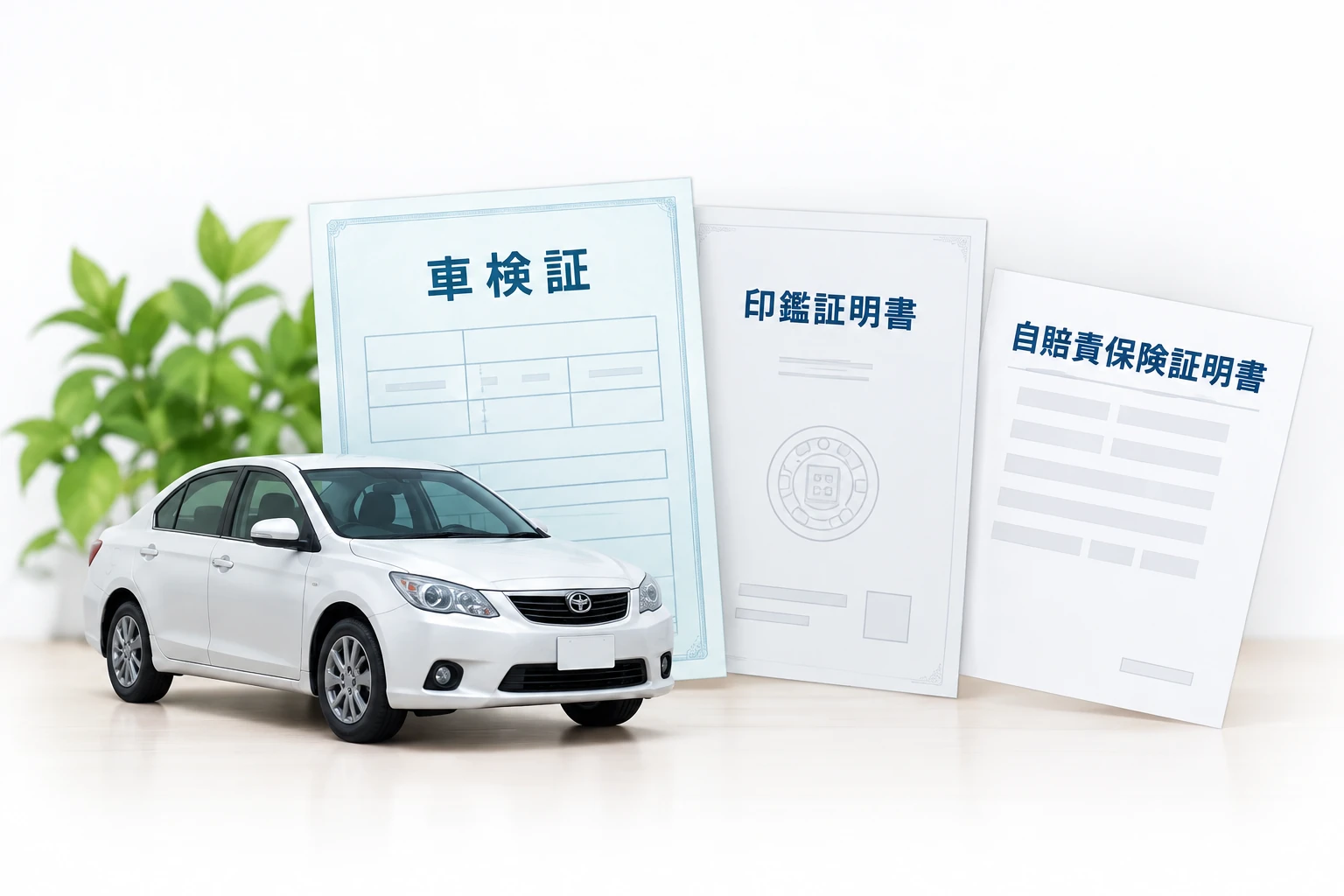 車と車検証・印鑑証明書・自賠責保険証明書のイメージ